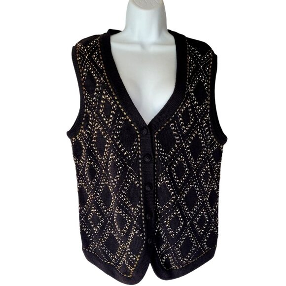 OHI Vintage Knit Vest Womens Size L Beaded Black Button V Neck Ramie Cotton - Picture 1 of 11